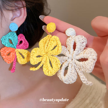 Woven Five Petal Flower Earrings With Polished Metal Tone Details