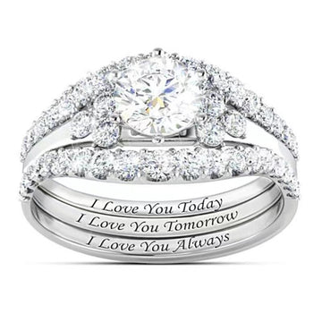 Engraved Round Solitaire Three-Ring Set In Three Metal Tones