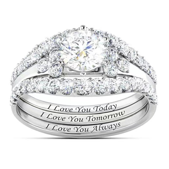 Engraved Round Solitaire Three-Ring Set In Three Metal Tones