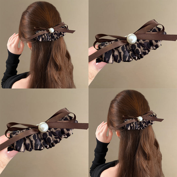 Leopard Print Ruffle Bow Pearl Twist Hair Clip Brown