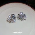 Silver Tone Pearl Cluster Stud Earrings with Crystal Accents view 2