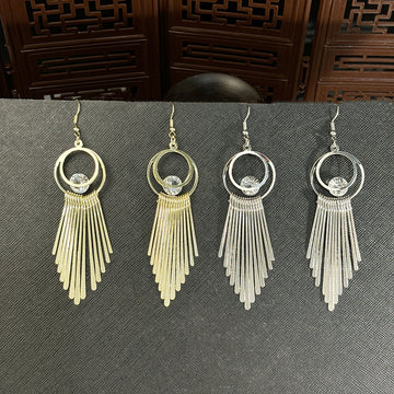 Geometric Circle Crystal Metal Fringe Tassel Drop Earrings