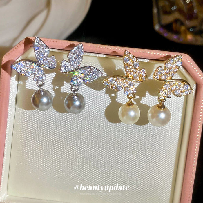 Crystal Butterfly Drop Earrings with Pearl Look Beads