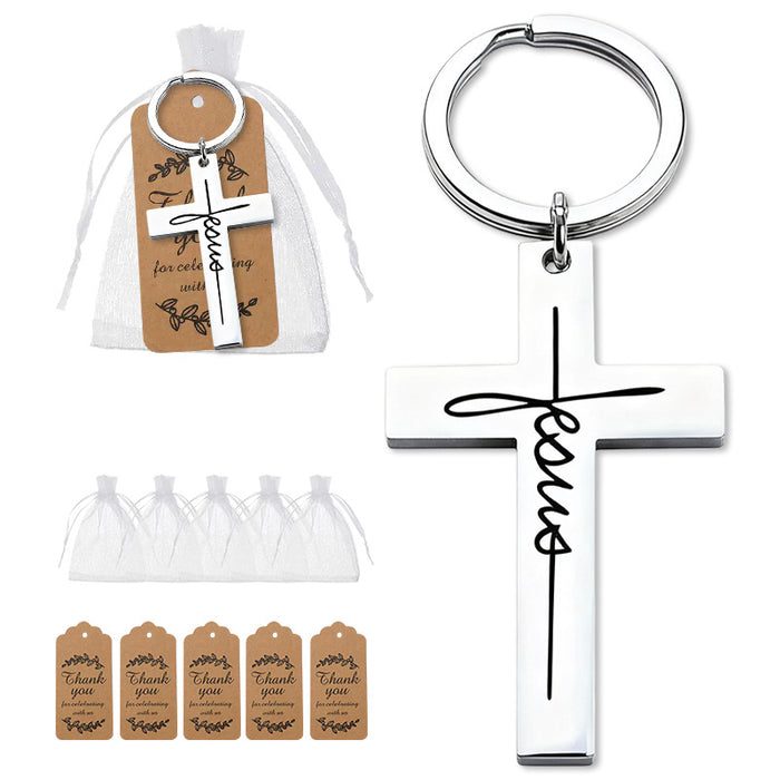 Stainless Steel Jesus Script Cross Pendant Keychain