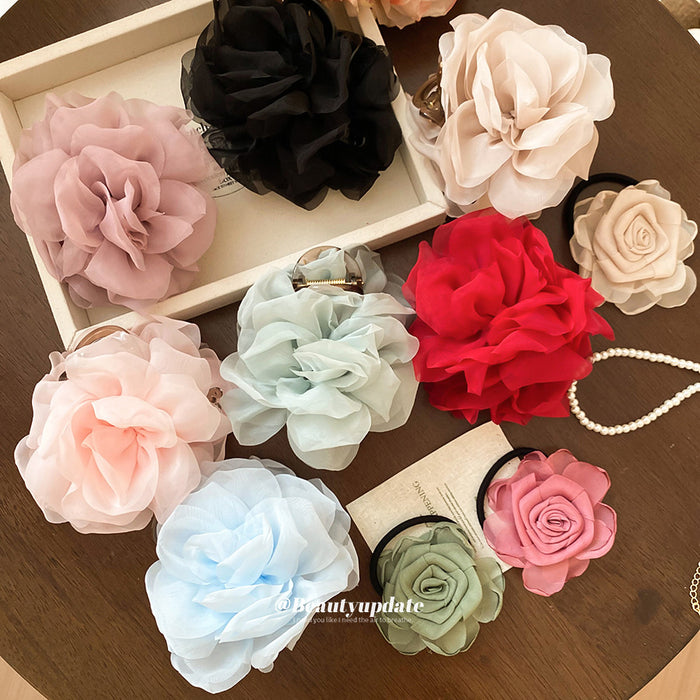Sheer Chiffon Rose Flower Hair Claws and Elastic Ties