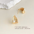 Gold Textured Leaf White Pearl Accent Stud Earrings view 4