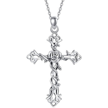 Silver Rose Thorn Cross Pendant Necklace Link Chain