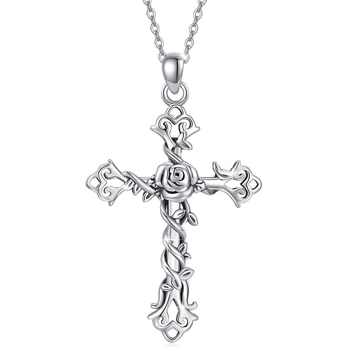 Silver Rose Thorn Cross Pendant Necklace Link Chain