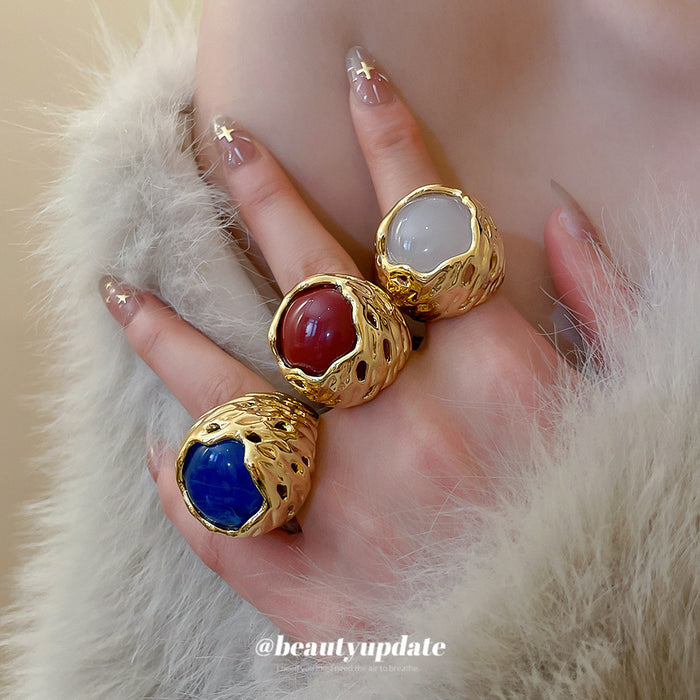 Gold Openwork Dome Resin Cabochon Open Rings Four Colors