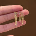 Gold Tone Fine Chain Fringe Rectangular Bar Stud Earrings view 6