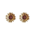 Gold Tone Sunflower Stud Earrings With Burgundy Glitter Round Centers view 5