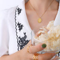 Oval Birth Flower Double Sided Pendant Necklace Gold Steel view 6