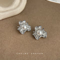 Silver Irregular Crumpled Flower Pearl Center Stud Earrings view 4