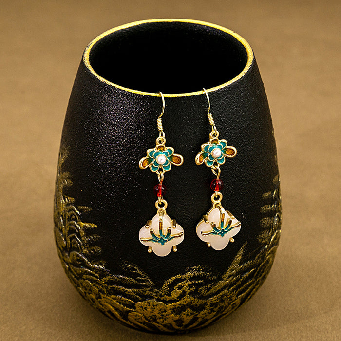 Colorful Palace Flower White Petal Long Hook Earrings