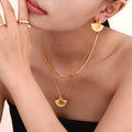 Gold Steel Fan Shell Earrings Pendant Necklace Herringbone Chain view 4