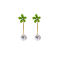 Lime Green Flower Stud Earrings Gold Chain Pearl Drops view 6