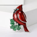 Red Enamel Cardinal Bird Holly Brooch Rhinestone Accent Pin view 1