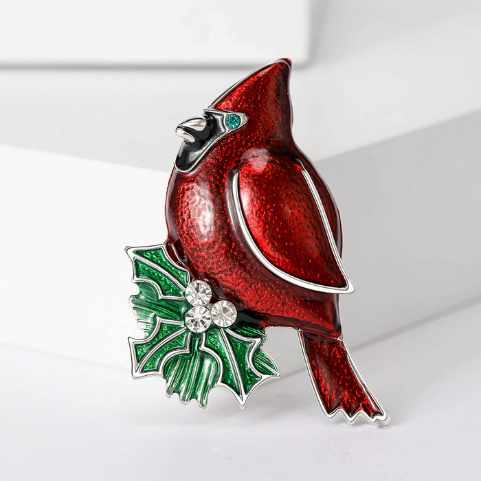 Red Enamel Cardinal Bird Holly Brooch Rhinestone Accent Pin