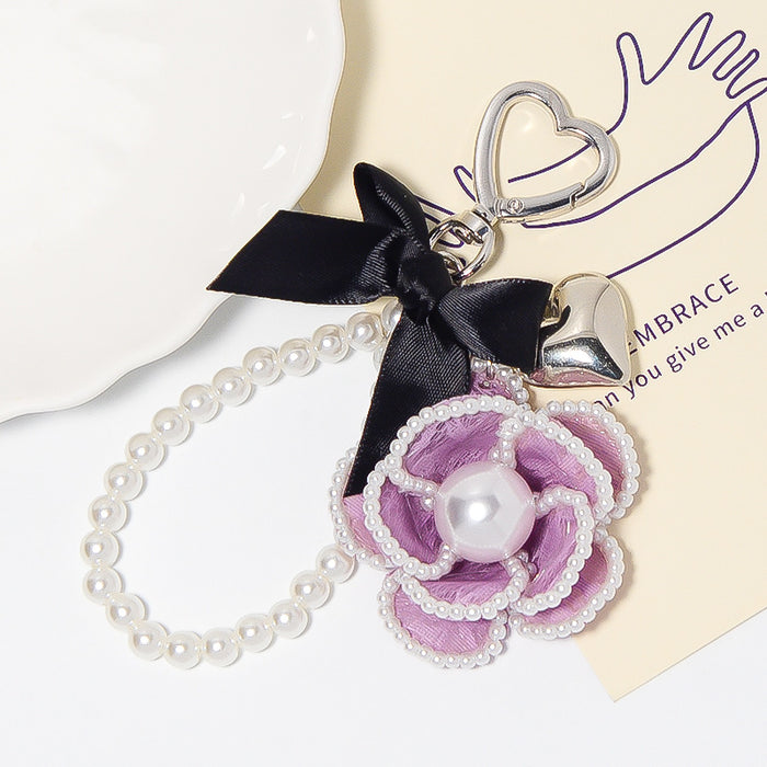Purple Fabric Camellia Pearl Loop Keychain Heart Clasp