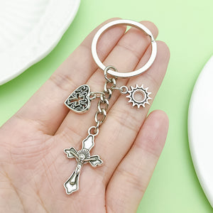 Cross, Sun, Moon and Star Charm Keychains in 12 Pictured Designs