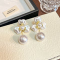White Iridescent Flower and Pearl Look Dangle Earrings view 3