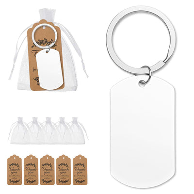 Blank silver dog tag keychain with organza bags and kraft tags