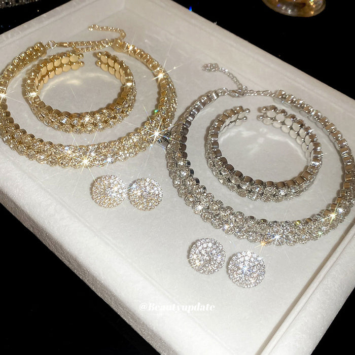 Double Row Rhinestone Necklace Cuff Bracelet Earring Set