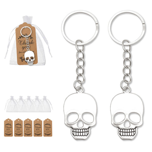 Silver flat skull keychains with organza bags and kraft tags