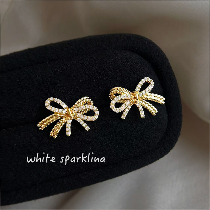 Gold Micro Pavé Crystal Rope Texture Bow Stud Earrings