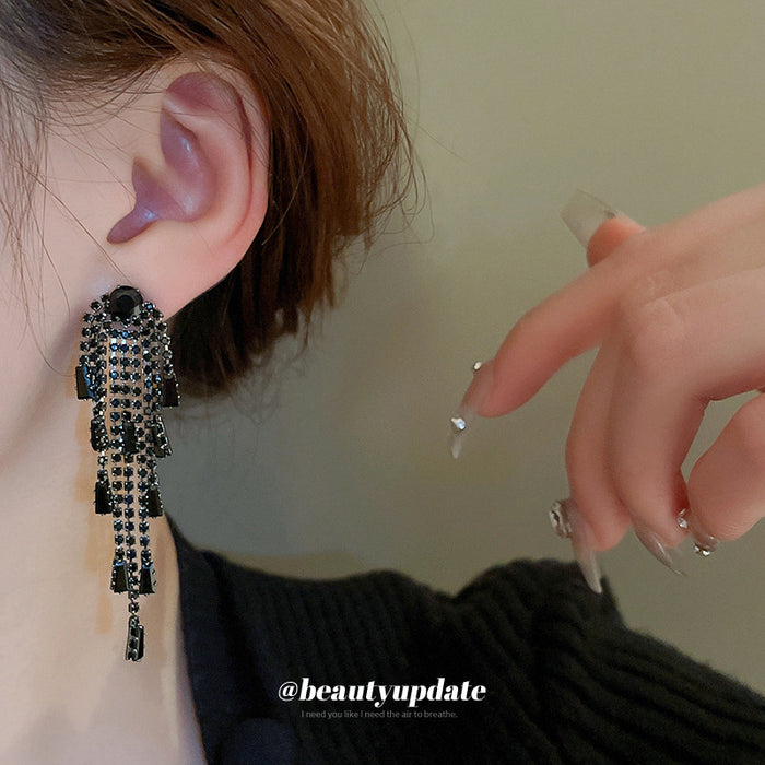 Black Crystal Chain Tassel Statement Earrings Jewelry
