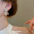 Silver Crystal Bow Long Tassel Stud Earrings Statement Pair view 4