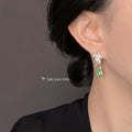 Silver Tone Layered Bamboo Leaf And Green Teardrop Stud Earrings view 2