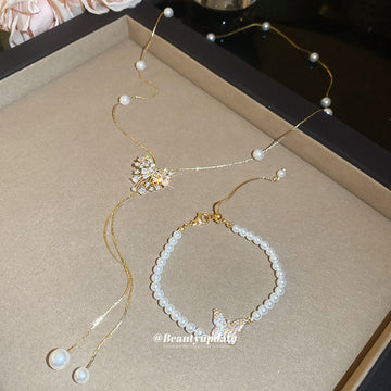 Gold Pearl Butterfly Bracelet Bow Lariat Necklace 2 Styles