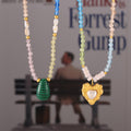 Heart Pearl Or Malachite Pendant Beaded Necklace Gold view 2