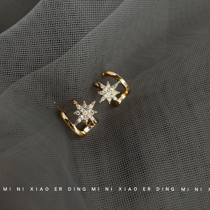 Gold Double Layer Hoop Studs With Crystal Starburst Stars