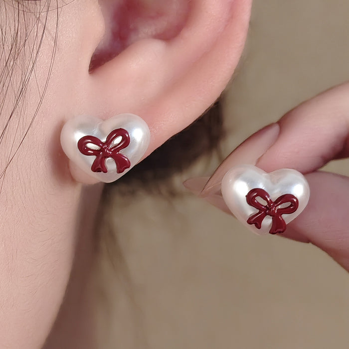 White Heart Red Bow Pearl Look Delicate Stud Earrings