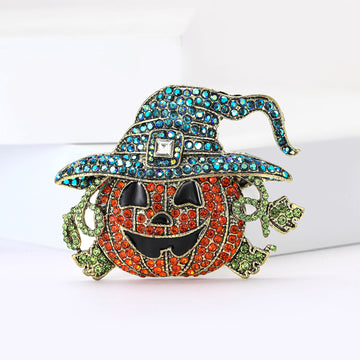 Crystal Halloween Pumpkin Brooch with Blue Witch Hat
