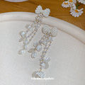 White Beaded Bow Extra Long Floral Tassel Stud Earrings view 4