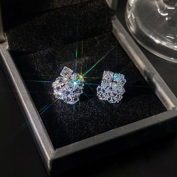Clear Geometric Crystal Cluster Stud Earrings Silver Tone