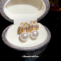Gold Tone Crystal Letter M Earrings with Pearl Drops view 2