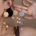 Gold and Silver Disc Ring Chain Chandelier Hook Earrings view 1