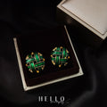 Green Enamel Woven Lattice Round Stud Earrings Gold view 1