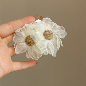 White Fabric Flower Stud Earrings with Woven Centers