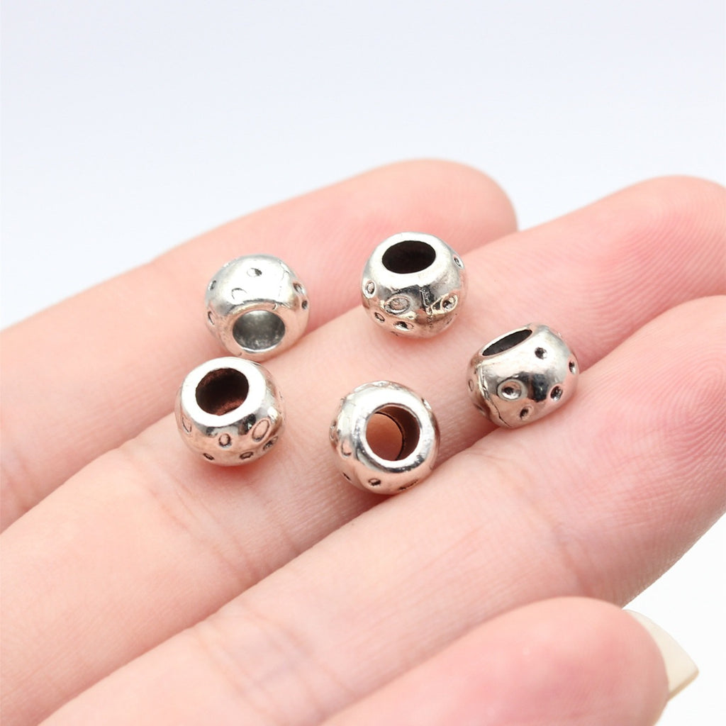 7.6x7.6x5.4mm 0.96g Antique Silver Zinc Alloy Spotted Round Large Hole Spacer Beads for Bracelet Making