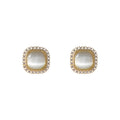 Gold Tone Square White Cat Eye Clear Stone Halo Stud Earrings view 5