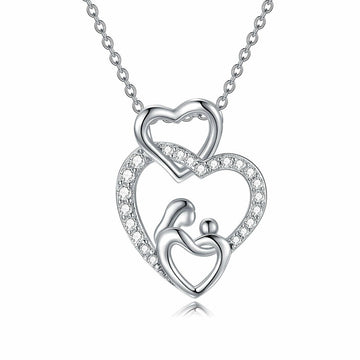 Silver Mother Baby Hug Heart Pendant Necklace Clear CZ