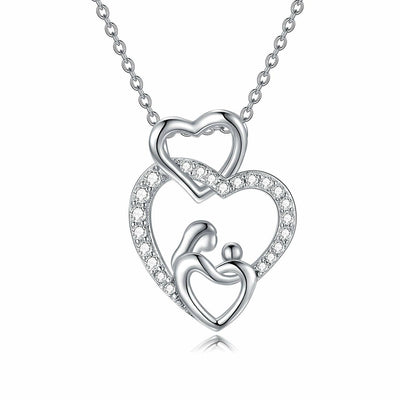 Silver mother baby hug heart pendant necklace front product shot
