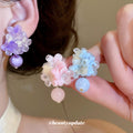 Layered Floral Drop Earrings in Pink Purple and Blue view 2
