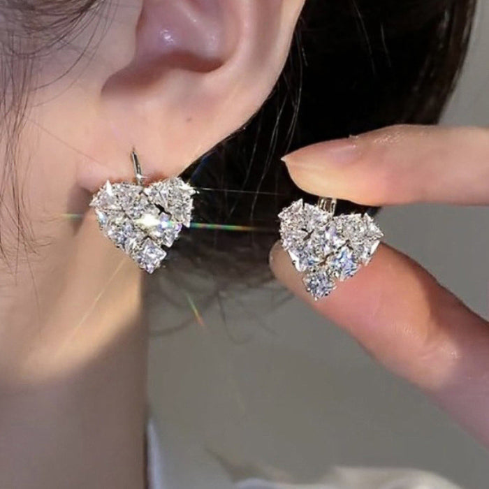 Mixed-Cut Clear Stone Heart Cluster Drop Earrings Silver Tone