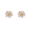 White Layered Camellia Gold Center Statement Stud Earrings view 5